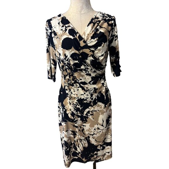 Connected Dress Black Tan White 8 Stretch Sheath Washable Short Sleeve NEW - Picture 1 of 7